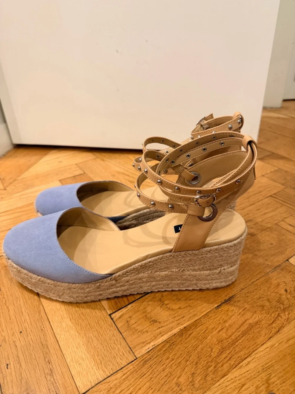 Espadrille Wedge Sandals Size 12 – Blue Suede & Tan Studded Ankle Strap, NIB